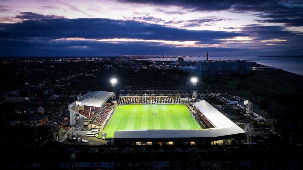 Drone shot of Blundell Park at night