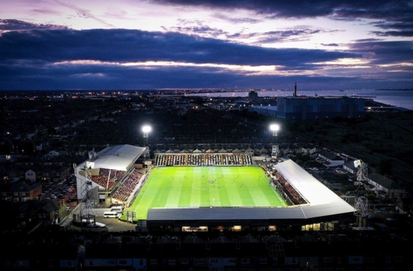 Drone shot of Blundell Park at night