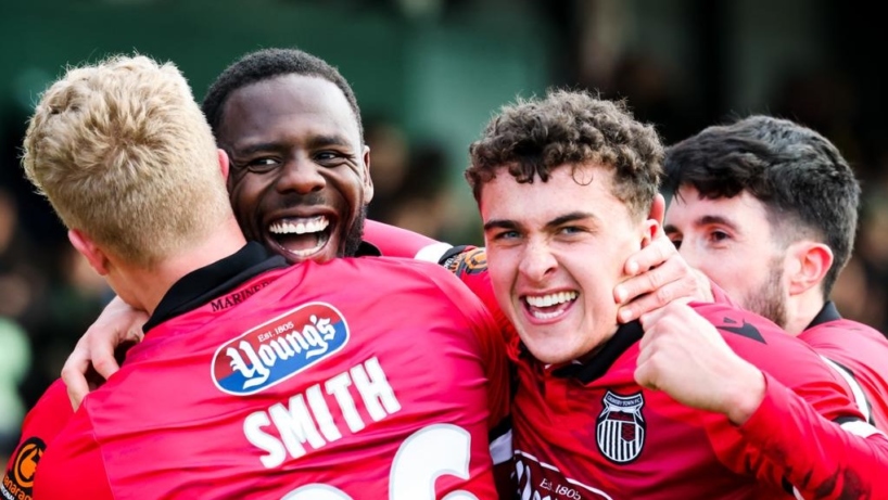 Emmanuel Dieseruvwe celebrates with team mates after scoring against Yeovil