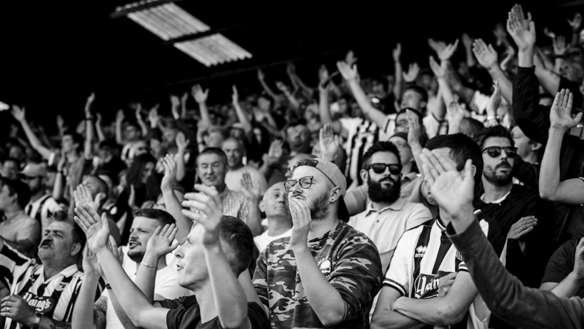 Black and white photo of Mariners fans