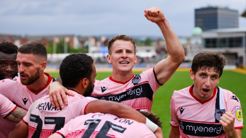 The team celebrate Bryn Morris' goal against Newport